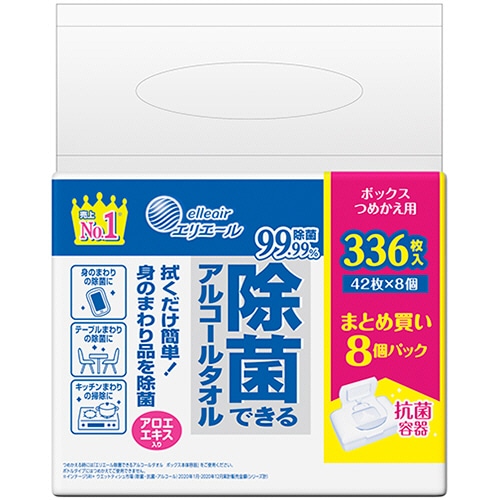 大王製紙 エリエール 除菌できるアルコールタオル ボックスつめかえ用 336枚 4袋/箱(ご注文単位1箱)【直送品】