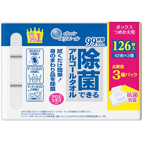 大王製紙 エリエール 除菌できるアルコールタオル ボックスつめかえ用 42枚 3個/箱(ご注文単位1箱)【直送品】