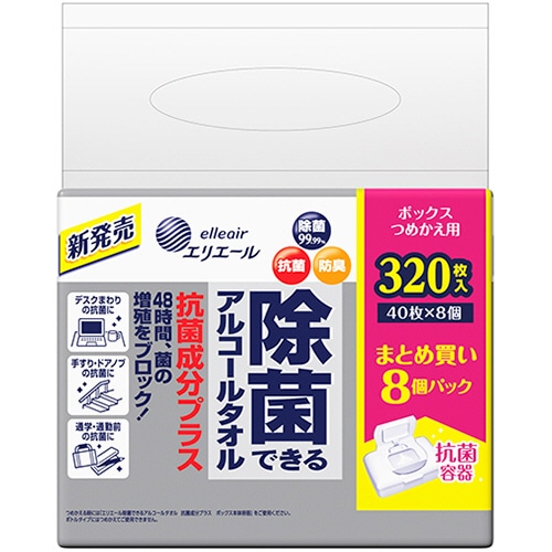 大王製紙 エリエール 除菌できるアルコールタオル 抗菌成分プラス ボックスつめかえ用 320枚 4袋/箱（ご注文単位1箱）【直送品】