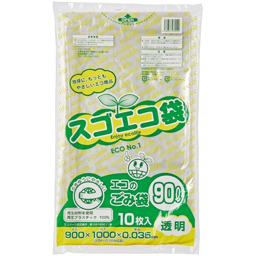 野添産業 スゴエコ袋(再生) 透明 90L 厚さ0.035mm 300枚/箱（ご注文単位1箱）【直送品】
