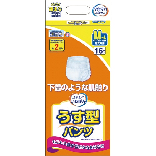 カミ商事 エルモア いちばん うす型パンツ M-L 16枚 4袋/箱(ご注文単位1箱)【直送品】