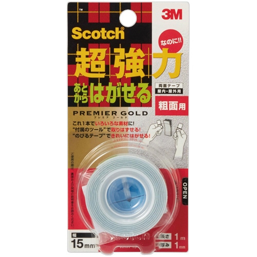 3M スコッチ 超強力なのに!あとからはがせる両面テープ プレミアゴールド 粗面用 15mm×1m KRR-15 1巻(ご注文単位1巻)【直送品】