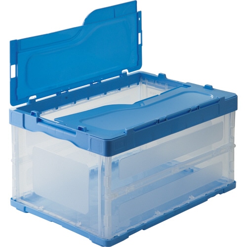 TANOSEE 折りたたみコンテナ 軽量タイプ フタ一体型 40L ブルー/透明 1台(ご注文単位1台)【直送品】