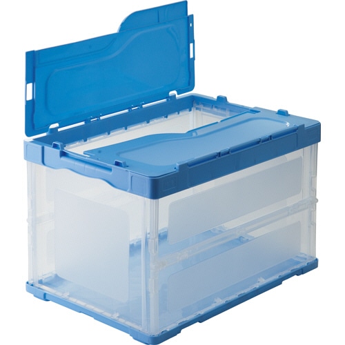 TANOSEE 折りたたみコンテナ 軽量タイプ フタ一体型 50L ブルー/透明 1台(ご注文単位1台)【直送品】