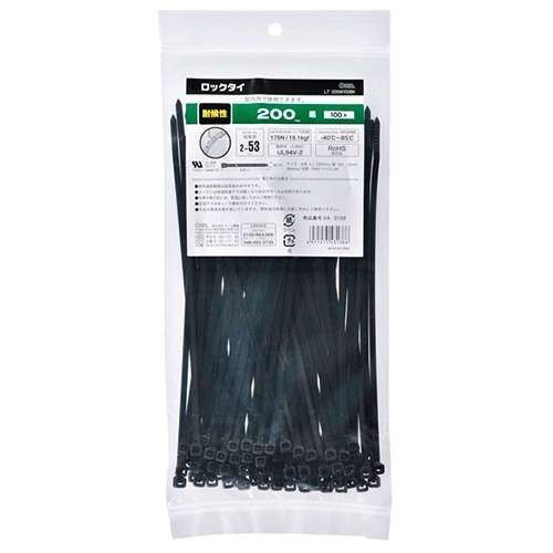 オーム電機 耐候性ロックタイ 200mm 黒 LT-200W100BK 100本/袋(ご注文単位1袋)【直送品】