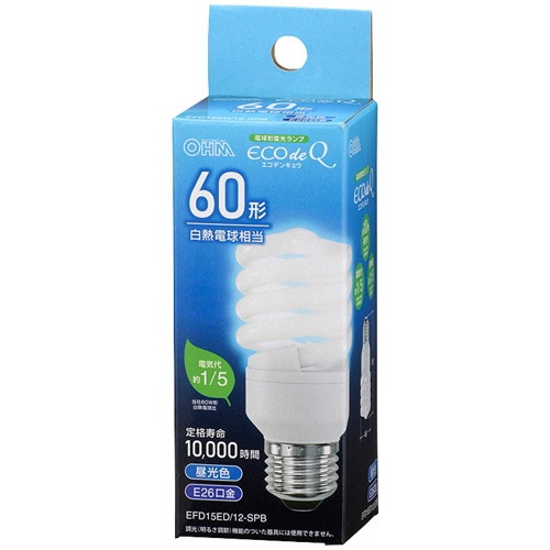 オーム電機 電球形蛍光灯 エコデンキュウ スパイラル形 60形 E26 昼光色 EFD15ED/12-SPB 1個(ご注文単位1個)【直送品】