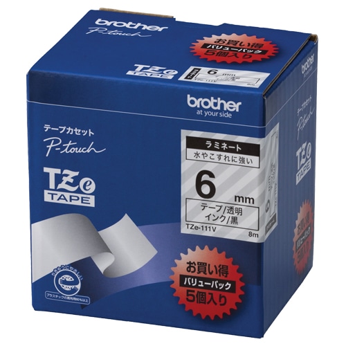 ブラザー ピータッチ TZeテープ ラミネートテープ 6mm 透明/黒文字 業務用パック TZE-111V 5個/袋(ご注文単位1袋)【直送品】