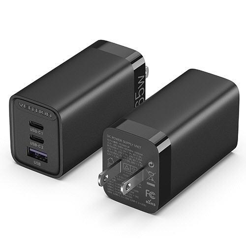 ベンション 3-port USB(C+C+A) GaN コンセント充電器(65W/30W/30W) ブラック FE-8609 1個(ご注文単位1個)【直送品】