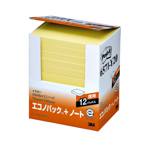3M ポスト・イット エコノパック ノート 再生紙 75×100mm イエロー 6571-Y20 12冊/袋(ご注文単位1袋)【直送品】