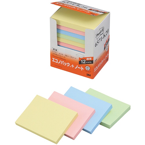 3M ポスト・イット エコノパック ノート 再生紙 75×100mm 混色 6571-K20 12冊/袋(ご注文単位1袋)【直送品】