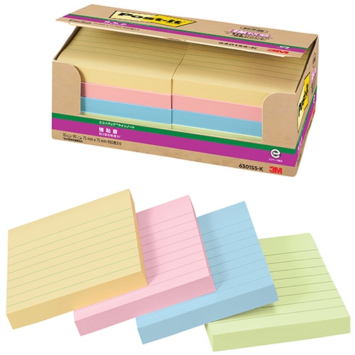 3M ポスト・イット エコノパック 強粘着ノート ラインノート 75×75mm パステルカラー4色 6301SS-K 10冊/袋(ご注文単位1袋)【直送品】