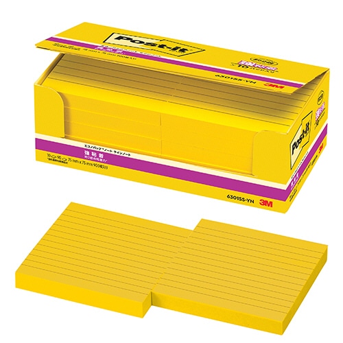 3M ポスト・イット エコノパック 強粘着ノート ラインノート 75×75mm ビビットイエロー 6301SS-YN 10冊/袋(ご注文単位1袋)【直送品】