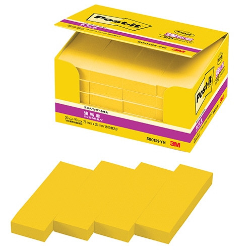 3M ポスト・イット エコノパック 強粘着ふせん 75×25mm ビビットイエロー 5001SS-YN 20冊/袋(ご注文単位1袋)【直送品】