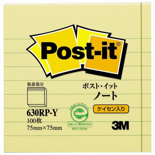 3M ポスト・イット ノート 再生紙スタンダードカラー 75×75mm イエロー(罫線入) 630RP-Y 1冊(ご注文単位1冊)【直送品】