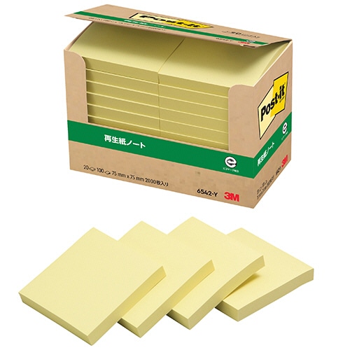 3M ポスト・イット パワーパック ノート 再生紙 75×75mm イエロー 6542-Y 20冊/袋(ご注文単位1袋)【直送品】