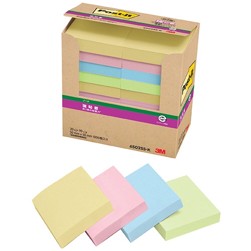 3M ポスト・イット パワーパック 強粘着ノート 50×50mm 4色混色 パステルカラー 6502SS-K 20冊/袋(ご注文単位1袋)【直送品】