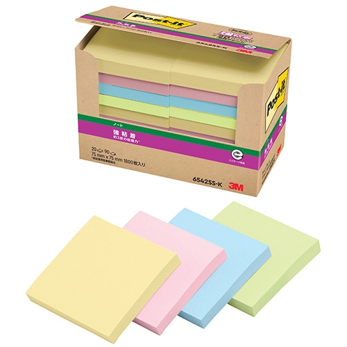 3M ポスト・イット パワーパック 強粘着ノート 75×75mm 4色混色 パステルカラー 6542SS-K 20冊/袋(ご注文単位1袋)【直送品】