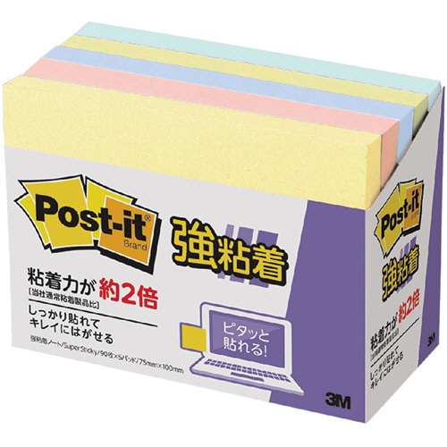 3M ポスト・イット 強粘着ノート 75×100mm パステルカラー 4色 657-5SSAP 5冊/袋(ご注文単位1袋)【直送品】