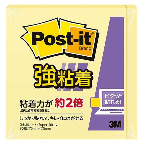 3M ポスト・イット 強粘着ノート パステルカラー 75×75mm イエロー 654SS-RPY 1冊(ご注文単位1冊)【直送品】