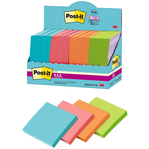 3M ポスト・イット 強粘着ノート マルチカラー1 75×75mm 4色 6541SS-MC-1N 12冊/袋(ご注文単位1袋)【直送品】