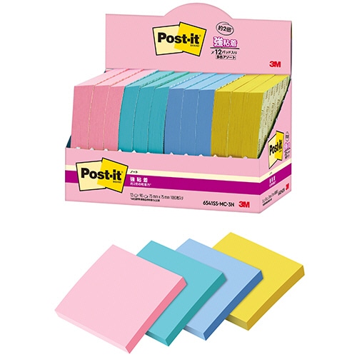 3M ポスト・イット 強粘着ノート マルチカラー3 75×75mm 4色 6541SS-MC-3N 12冊/袋(ご注文単位1袋)【直送品】