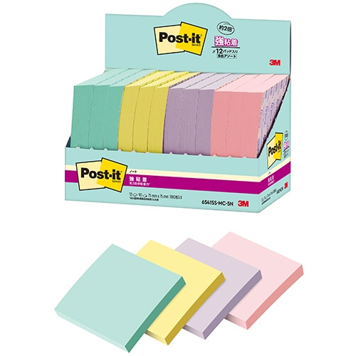 3M ポスト・イット 強粘着ノート マルチカラー5 75×75mm 4色 6541SS-MC-5N 12冊/袋(ご注文単位1袋)【直送品】