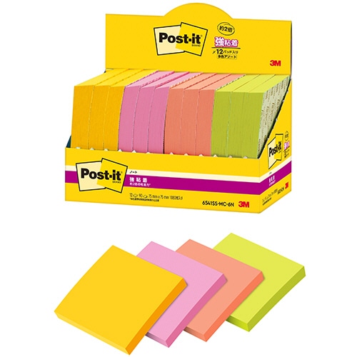 3M ポスト・イット 強粘着ノート マルチカラー6 75×75mm 4色 6541SS-MC-6N 12冊/袋(ご注文単位1袋)【直送品】