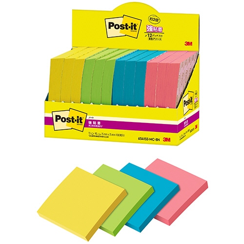 3M ポスト・イット 強粘着ノート マルチカラー8 75×75mm 4色 6541SS-MC-8N 12冊/袋(ご注文単位1袋)【直送品】