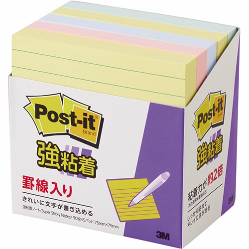 3M ポスト・イット 強粘着ノート ラインノート 75×75mm パステルカラー4色 630-5SSAP 5冊/袋(ご注文単位1袋)【直送品】