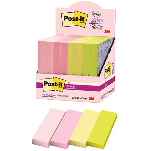 3M ポスト・イット 強粘着ふせん マルチカラー4 75×25mm 4色 5001SS-MC-4N 24冊/袋（ご注文単位1袋）【直送品】