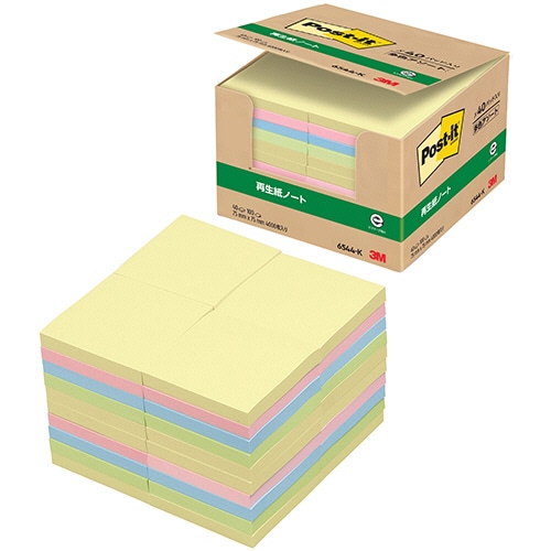 3M ポスト・イット 業務用パック ノート 再生紙 75×75mm 混色4色 6544-K 40冊/袋(ご注文単位1袋)【直送品】