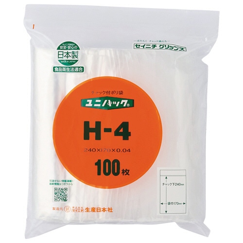 セイニチ ユニパック チャック付 ポリエチレン ヨコ170×タテ240×厚み0.04mm H-4 100枚/袋(ご注文単位1袋)【直送品】