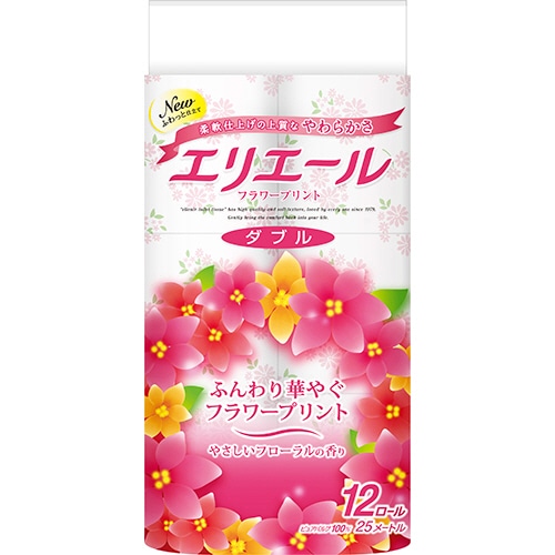 大王製紙 エリエール トイレットティシュー フラワープリント ダブル 芯あり 香りつき 25m 12ロール/袋（ご注文単位1袋）【直送品】