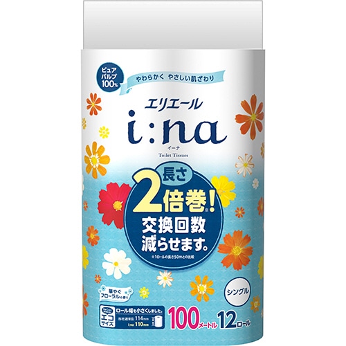 大王製紙 エリエール i：na(イーナ)トイレットティシュー シングル 芯あり 100m 華やぐフローラルの香り 12ロール/袋（ご注文単位1袋）【直送品】