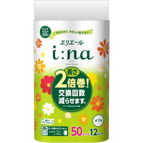 大王製紙 エリエール i：na(イーナ)トイレットティシュー ダブル 芯あり 50m 華やぐフローラルの香り 12ロール/袋（ご注文単位1袋）【直送品】