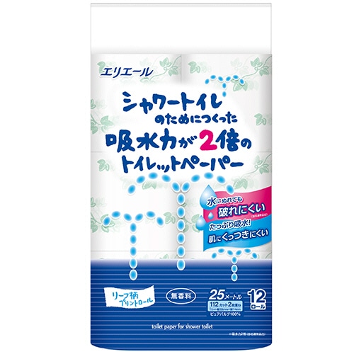 大王製紙 エリエール シャワートイレのためにつくった吸水力が2倍のトイレットペーパー ダブル 芯あり 25m 無香料 12ロール/袋（ご注文単位1袋）【直送品】