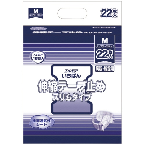 カミ商事 エルモア いちばん 伸縮テープ止め スリムタイプ 病院・施設用 M 22枚/袋（ご注文単位1袋）【直送品】