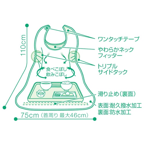 オオサキメディカル プラスハート こぼれにくい食事用エプロン サイドタック グリーン 73746 1枚(ご注文単位1枚)【直送品】