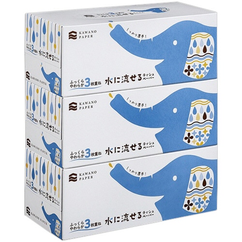 河野製紙 水に流せるボックスティッシュ 3枚重ね 120組 3箱/袋(ご注文単位1袋)【直送品】