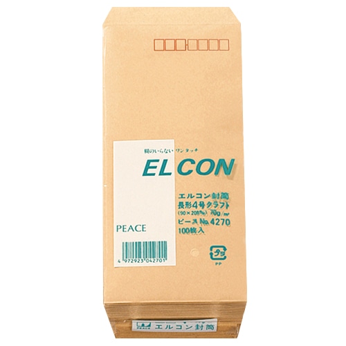 高春堂　ピース　R40再生紙クラフト封筒　テープのり付　長4　70g／m2　〒枠あり　4270　1パック（100枚）（ご注文単位1パック）【直送品】