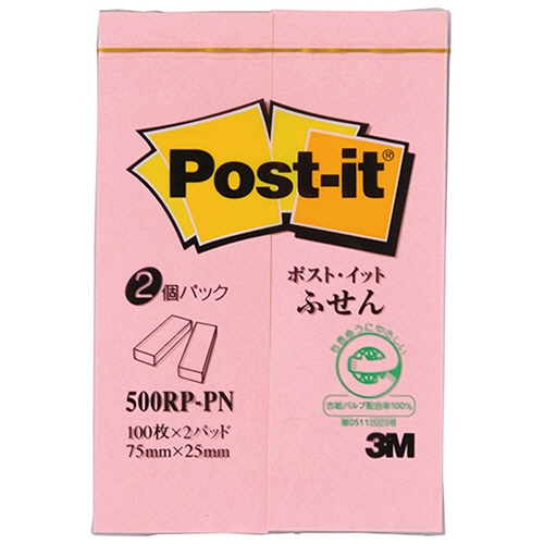 3M ポスト・イット ふせん 再生紙 75×25mm ピンク 500RP-PN 1パック(2冊)(ご注文単位1パック)【直送品】