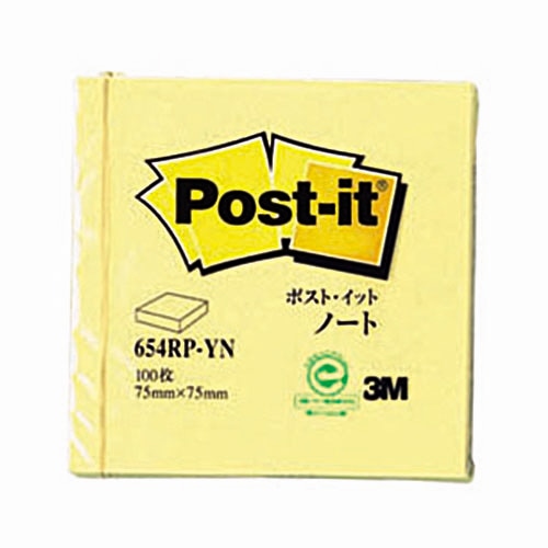 3M　ポスト・イット　ノート　再生紙　75×75mm　イエロー　654RP-YN　1冊（ご注文単位1冊）【直送品】