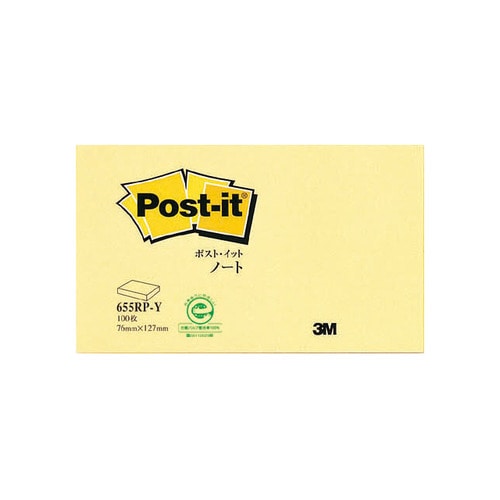 3M　ポスト・イット　ノート　再生紙スタンダードカラー　75×127mm　イエロー　655RP-Y　1冊（ご注文単位1冊）【直送品】