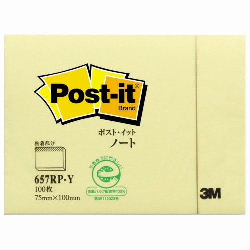 3M　ポスト・イット　ノート　再生紙スタンダードカラー　75×100mm　イエロー　657RP-Y　1冊（ご注文単位1冊）【直送品】