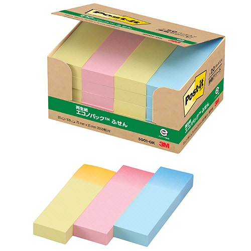 3M　ポスト・イット　エコノパック　ふせん　再生紙　75×25mm　グラデーション混色　5001-GK　1パック（20冊）（ご注文単位1パック）【直送品】