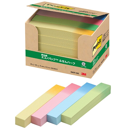3M　ポスト・イット　エコノパック　ふせんハーフ　再生紙　75×12.5mm　グラデーション4色　5601-GK　1パック（20冊）（ご注文単位1パック）【直送品】