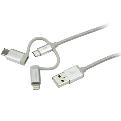 StarTech.com iPhone/スマホ対応 マルチ充電ケーブル 1m USB A-Lightning/USB C/Micro B シルバー LTCUB1MGR 1本(ご注文単位1本)【直送品】