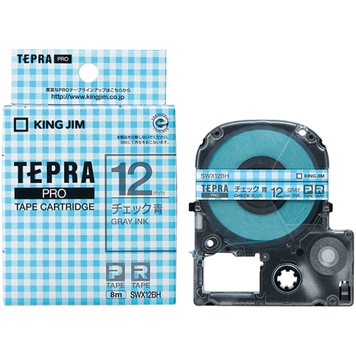 キングジム　テプラ　PRO　テープカートリッジ　模様ラベル　12mm　チェック青／グレー文字　SWX12BH　1個（ご注文単位1個）【直送品】