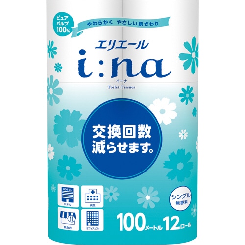大王製紙　エリエール　i：na（イーナ）トイレットティシュー　シングル　芯あり　100m　無香料　1パック（12ロール）（ご注文単位1パック）【直送品】