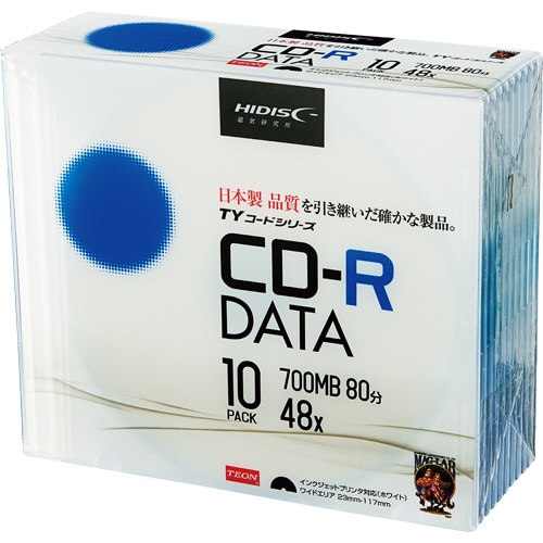 ハイディスク　データ用CD-R　700MB　48倍速　ホワイトワイドプリンタブル　5mmスリムケース　TYCR80YP10SC　1パック（10枚）（ご注文単位1パック）【直送品】
